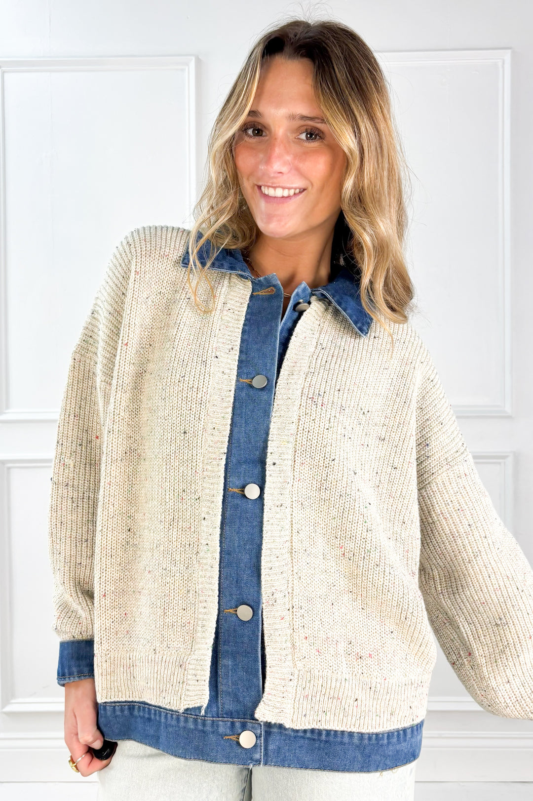 Denim Trim Knit Cardigan