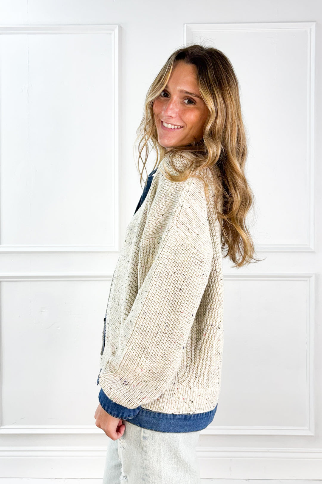 Denim Trim Knit Cardigan