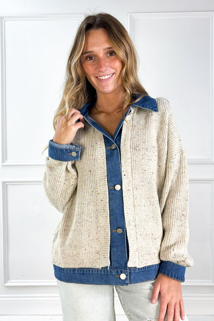 Denim Trim Knit Cardigan