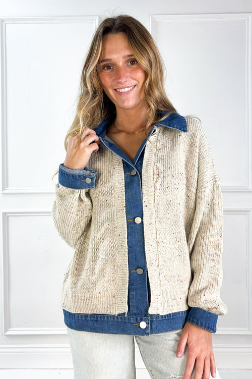 Denim Trim Knit Cardigan