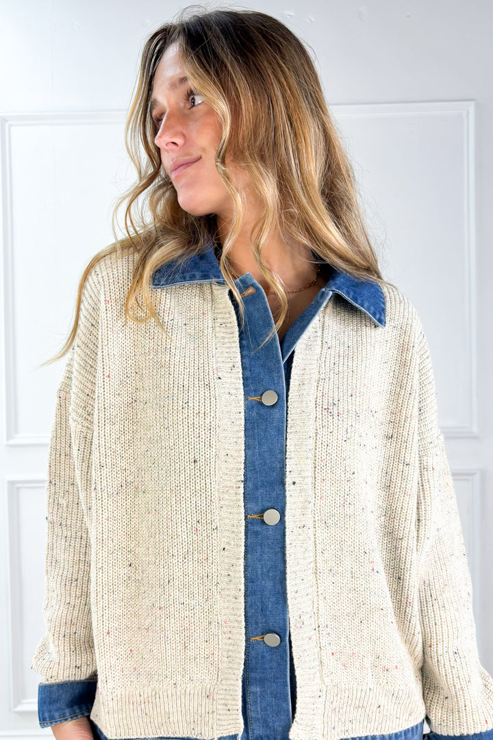 Denim Trim Knit Cardigan
