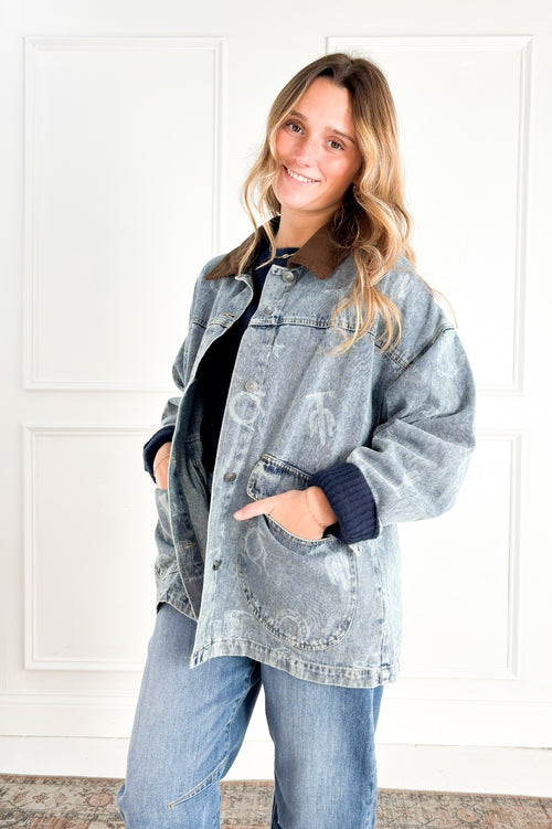 Western Print Denim Chore Jacket