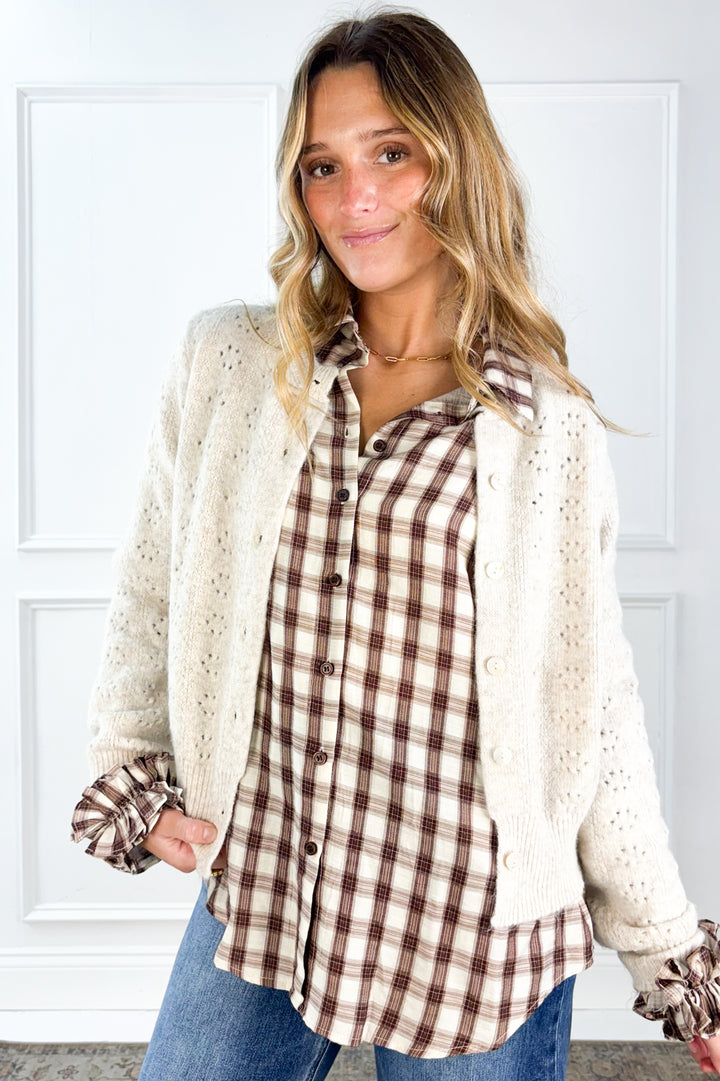 Ruffle Cuff Plaid Button Down