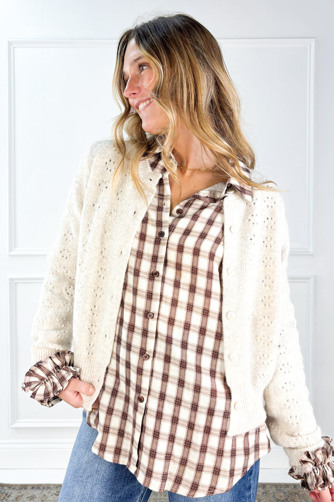 Ruffle Cuff Plaid Button Down