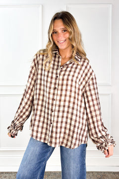 Ruffle Cuff Plaid Button Down