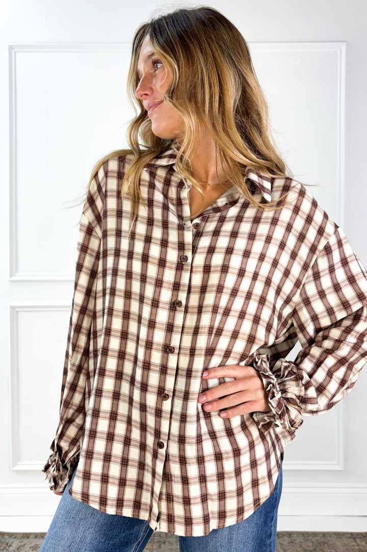 Ruffle Cuff Plaid Button Down