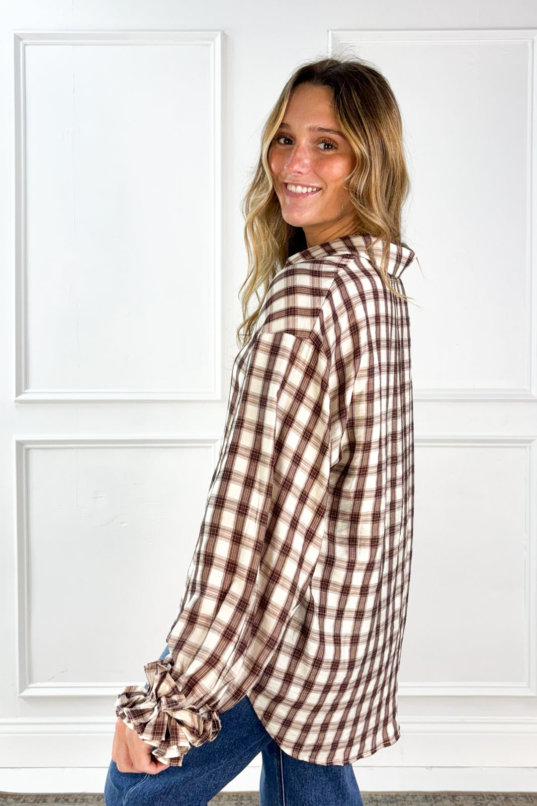 Ruffle Cuff Plaid Button Down