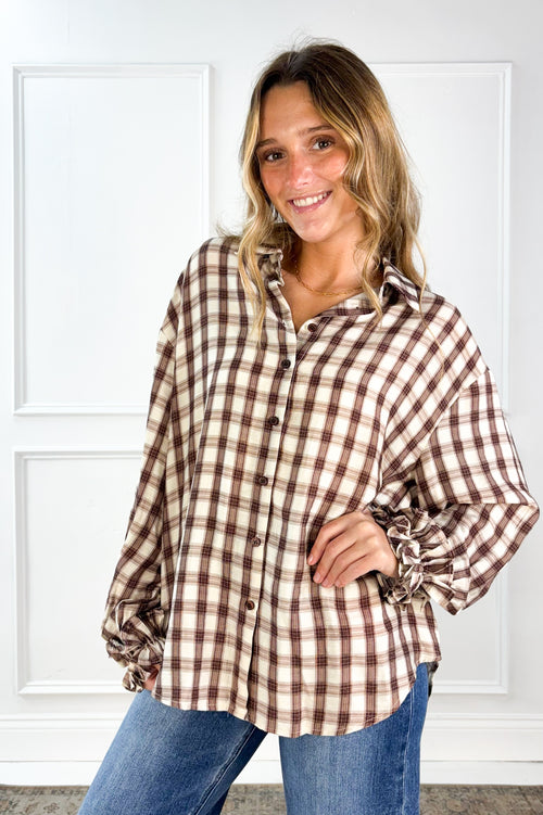 Ruffle Cuff Plaid Button Down