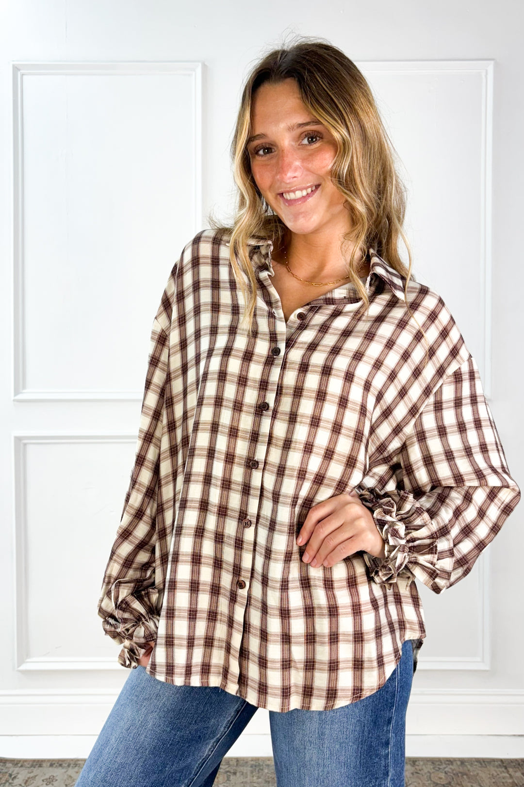 Ruffle Cuff Plaid Button Down