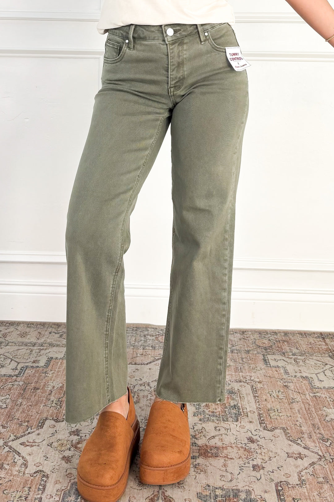 Tummy Control Raw Hem Olive Jeans by Risen