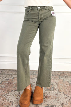 Tummy Control Raw Hem Olive Jeans by Risen