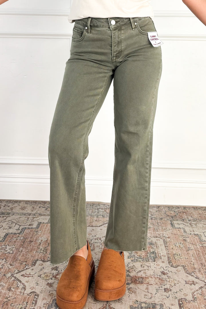 Tummy Control Raw Hem Olive Jeans by Risen