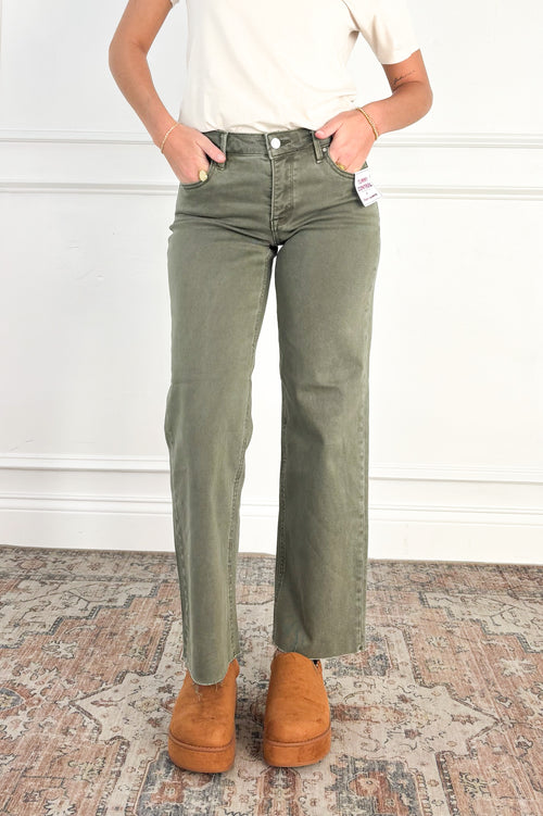 Tummy Control Raw Hem Olive Jeans by Risen