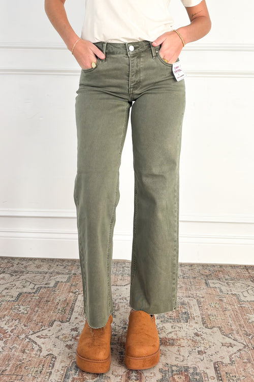 Tummy Control Raw Hem Olive Jeans by Risen