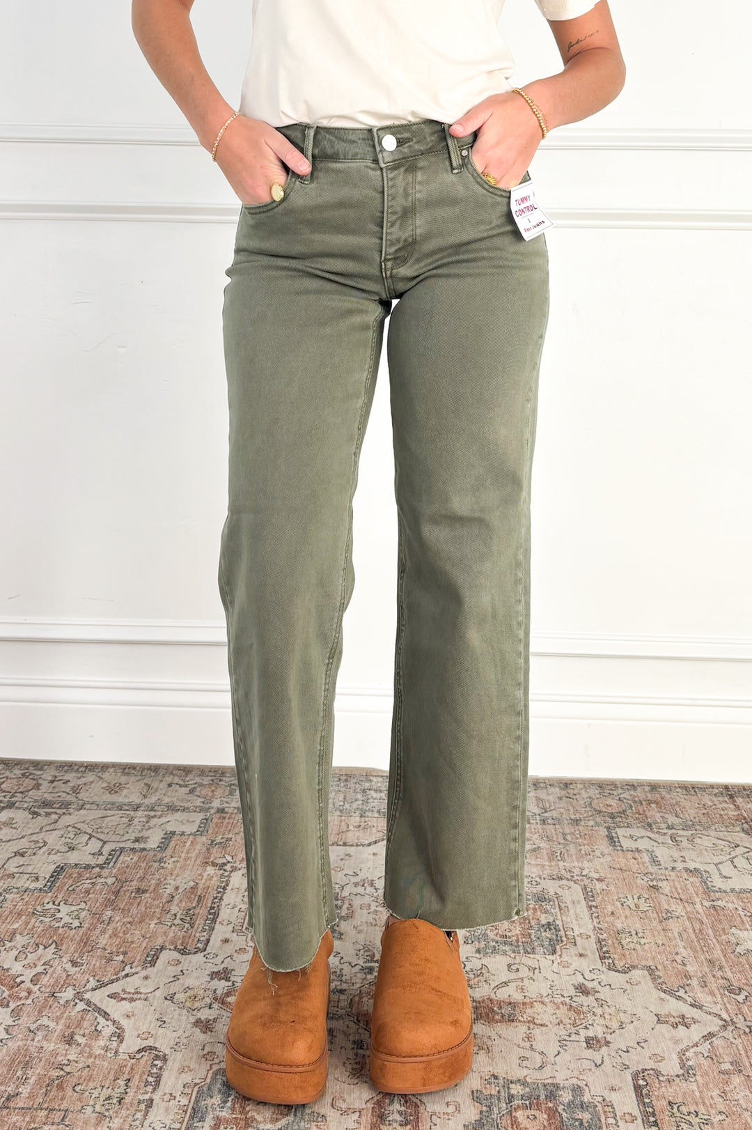 Tummy Control Raw Hem Olive Jeans by Risen