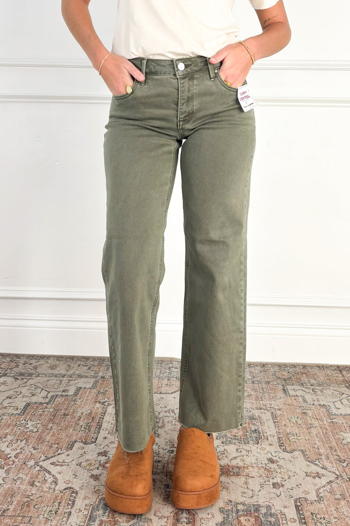Tummy Control Raw Hem Olive Jeans by Risen