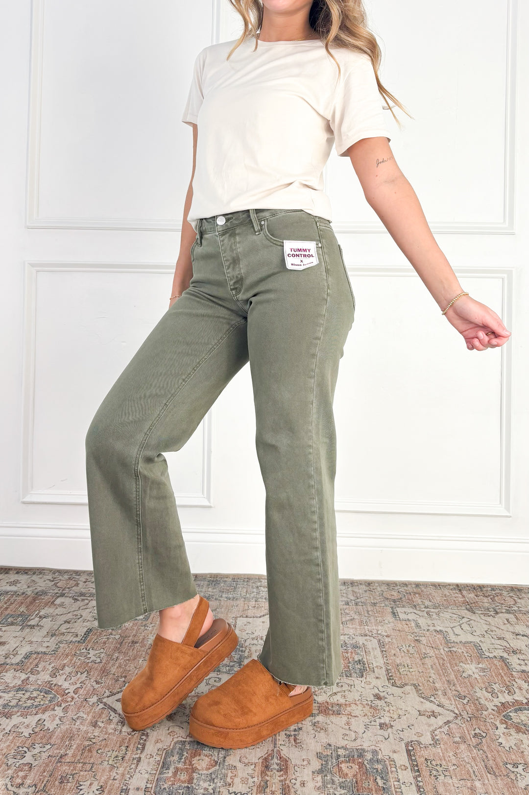 Tummy Control Raw Hem Olive Jeans by Risen