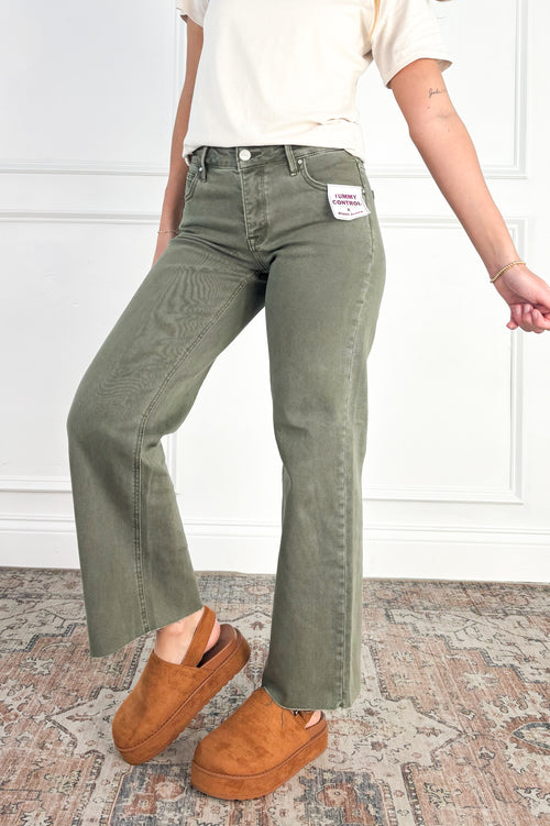 Tummy Control Raw Hem Olive Jeans by Risen