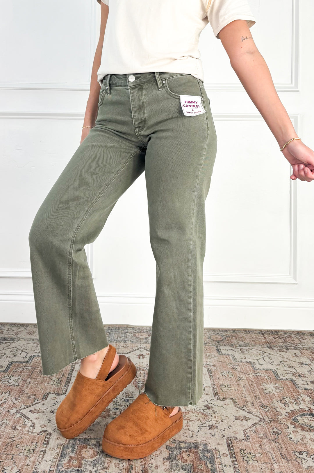 Tummy Control Raw Hem Olive Jeans by Risen