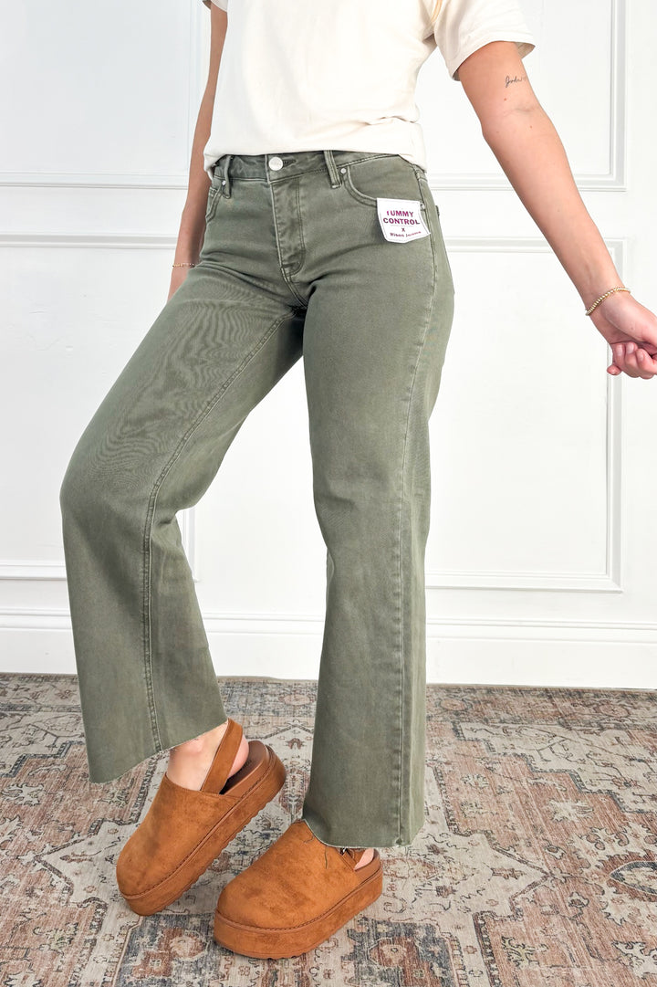 Tummy Control Raw Hem Olive Jeans by Risen