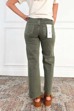 Tummy Control Raw Hem Olive Jeans by Risen
