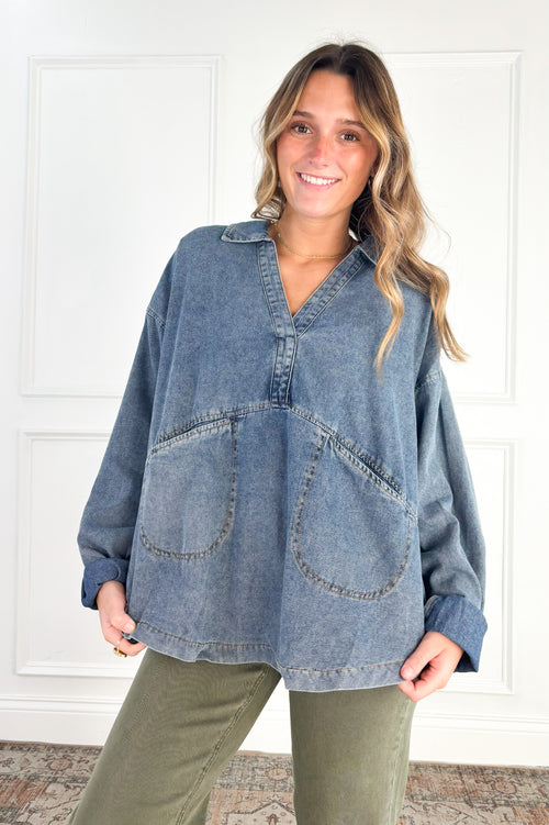 Easy Living Mineral-Washed Cotton Denim Oversized Pocket Top