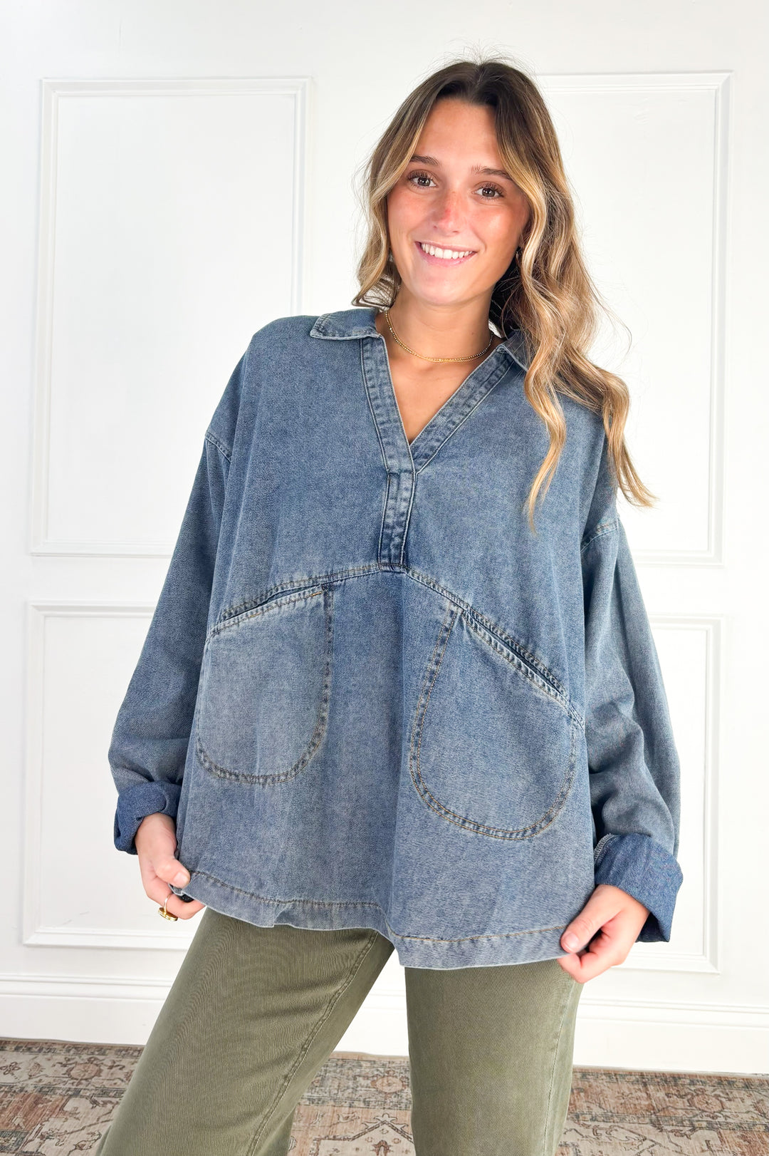 Easy Living Mineral-Washed Cotton Denim Oversized Pocket Top