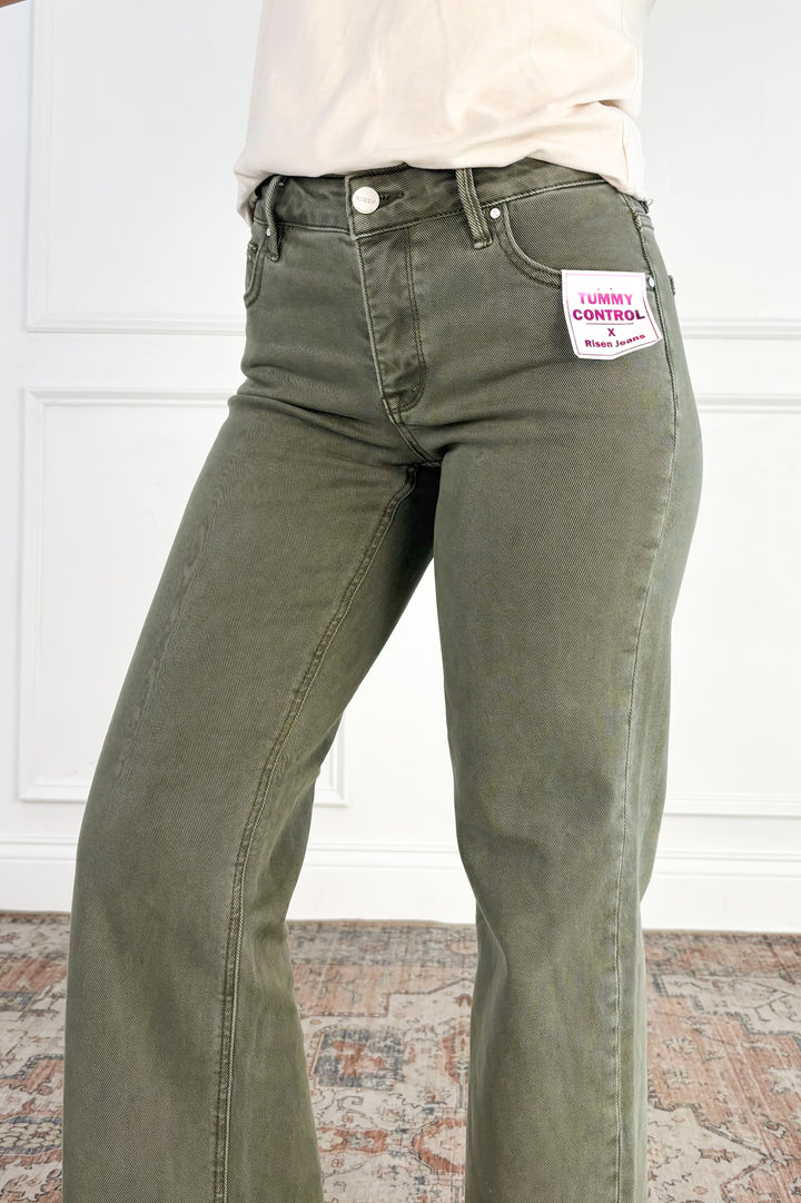 Tummy Control Raw Hem Olive Jeans by Risen