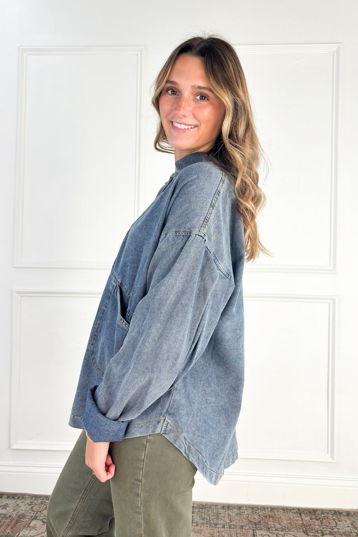 Easy Living Mineral-Washed Cotton Denim Oversized Pocket Top