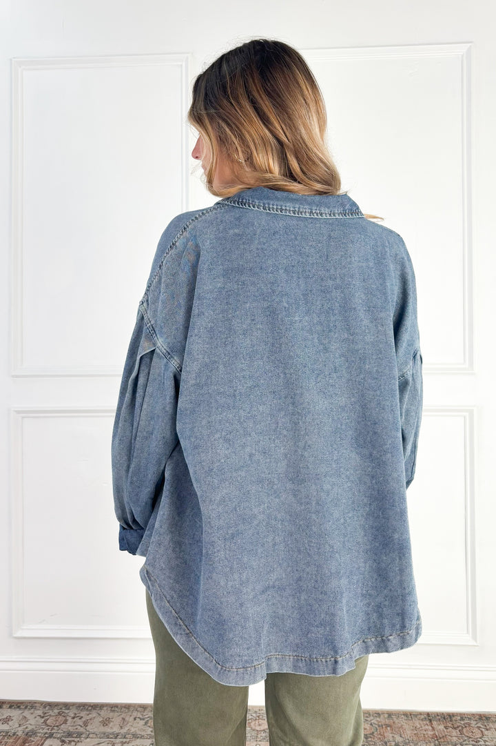 Easy Living Mineral-Washed Cotton Denim Oversized Pocket Top