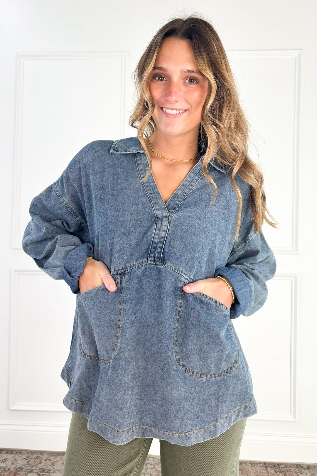 Easy Living Mineral-Washed Cotton Denim Oversized Pocket Top