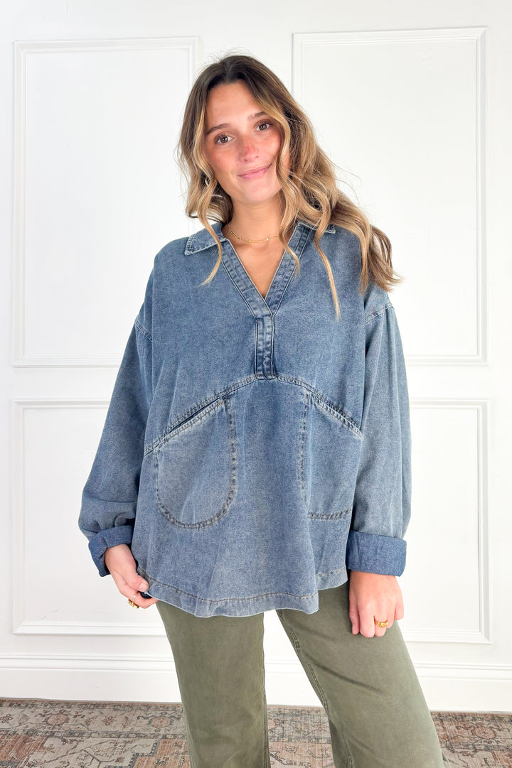 Easy Living Mineral-Washed Cotton Denim Oversized Pocket Top