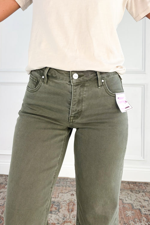 Tummy Control Raw Hem Olive Jeans by Risen