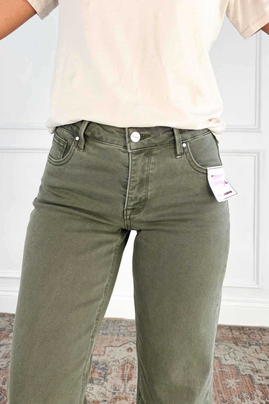Tummy Control Raw Hem Olive Jeans by Risen