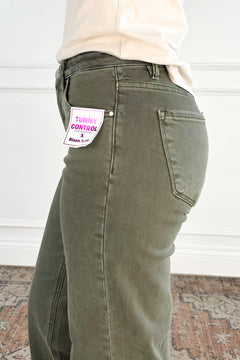 Tummy Control Raw Hem Olive Jeans by Risen