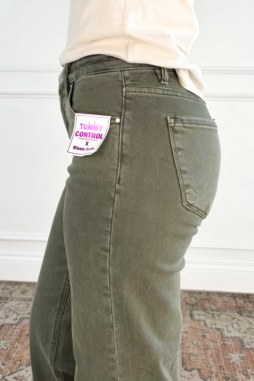 Tummy Control Raw Hem Olive Jeans by Risen