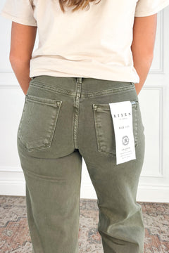 Tummy Control Raw Hem Olive Jeans by Risen