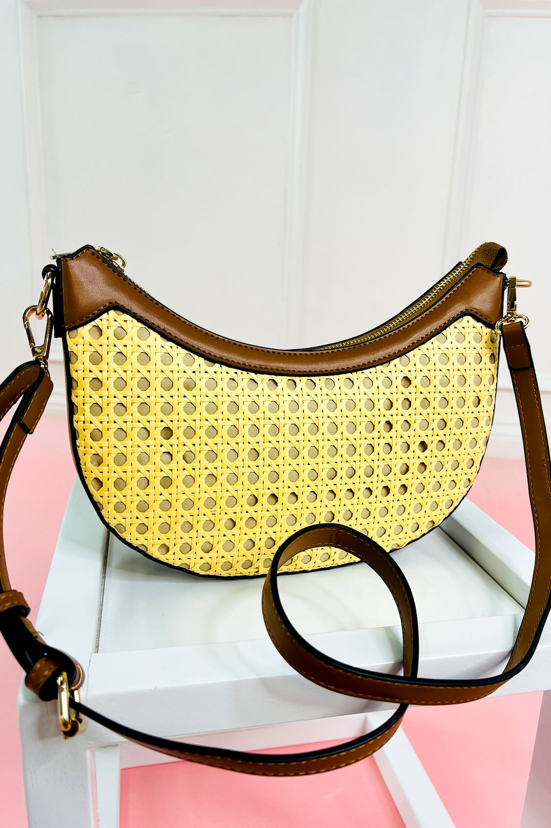 Daisy Half-Moon Rattan Crossbody w/ Contrast