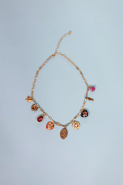 Heart Cloisonne Multi Charm Necklace