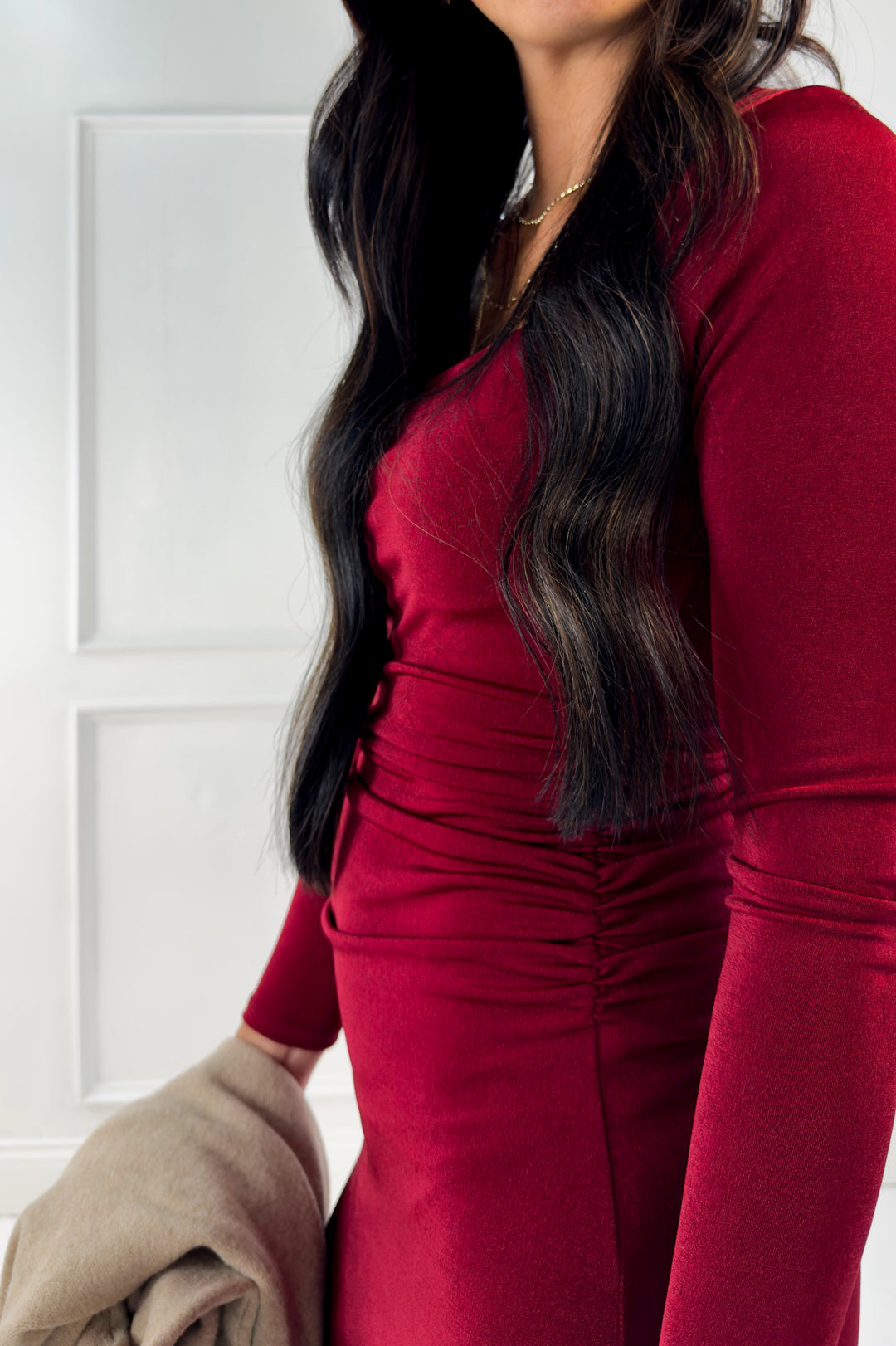 Square Neck Long Sleeve Midi Dress