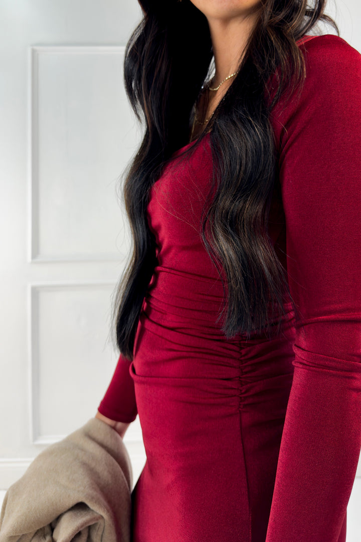 Square Neck Long Sleeve Midi Dress