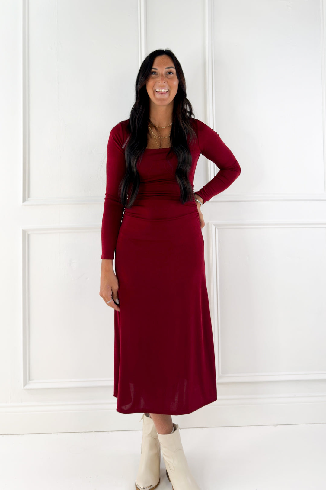 Square Neck Long Sleeve Midi Dress S / Burgundy Square Neck Long Sleeve Midi Dress S / Burgundy