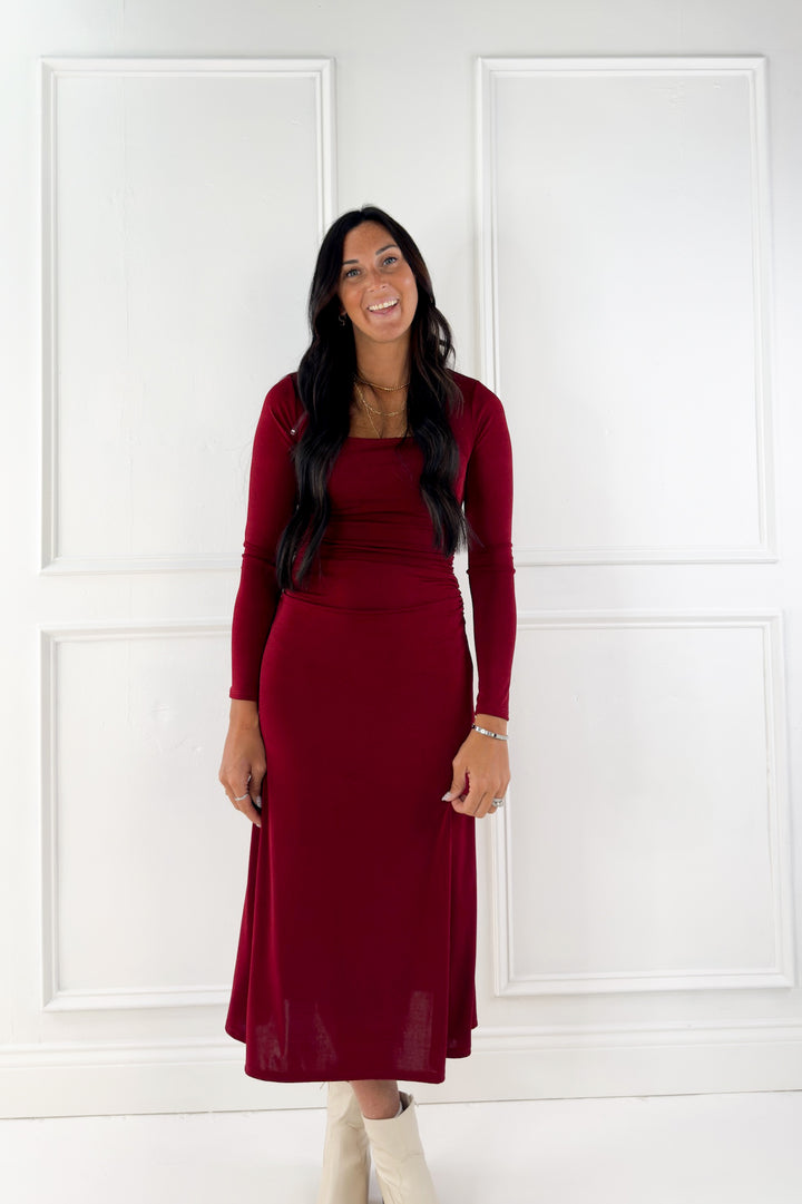 Square Neck Long Sleeve Midi Dress