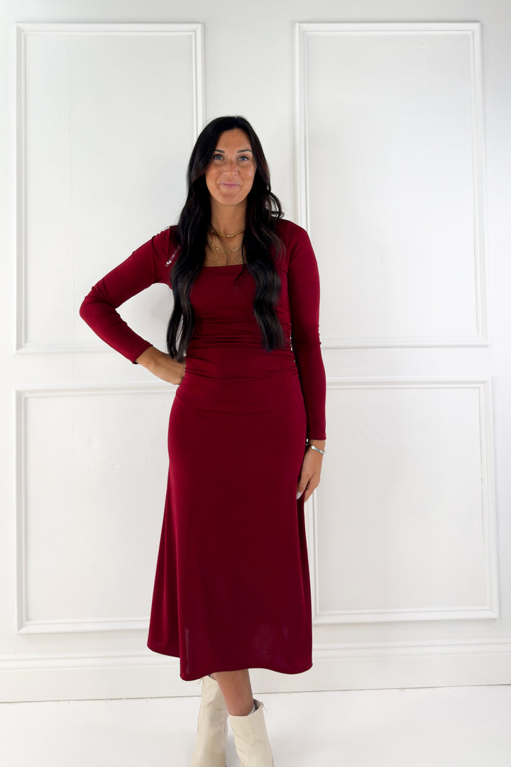 Square Neck Long Sleeve Midi Dress