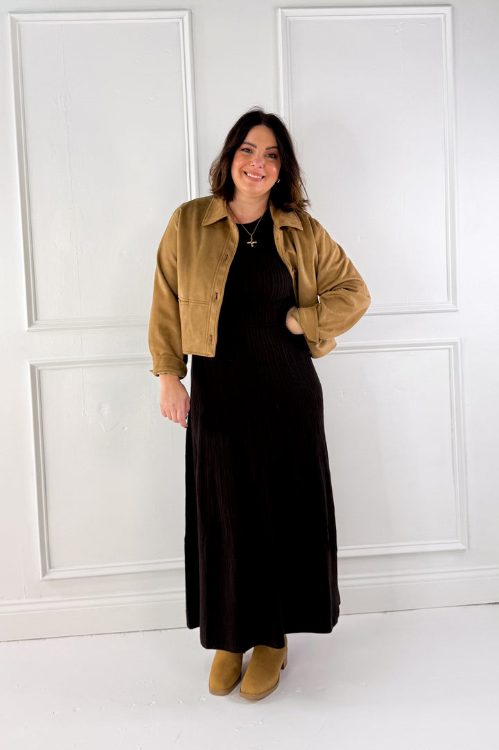 Suede Collared Button Down Crop Jacket