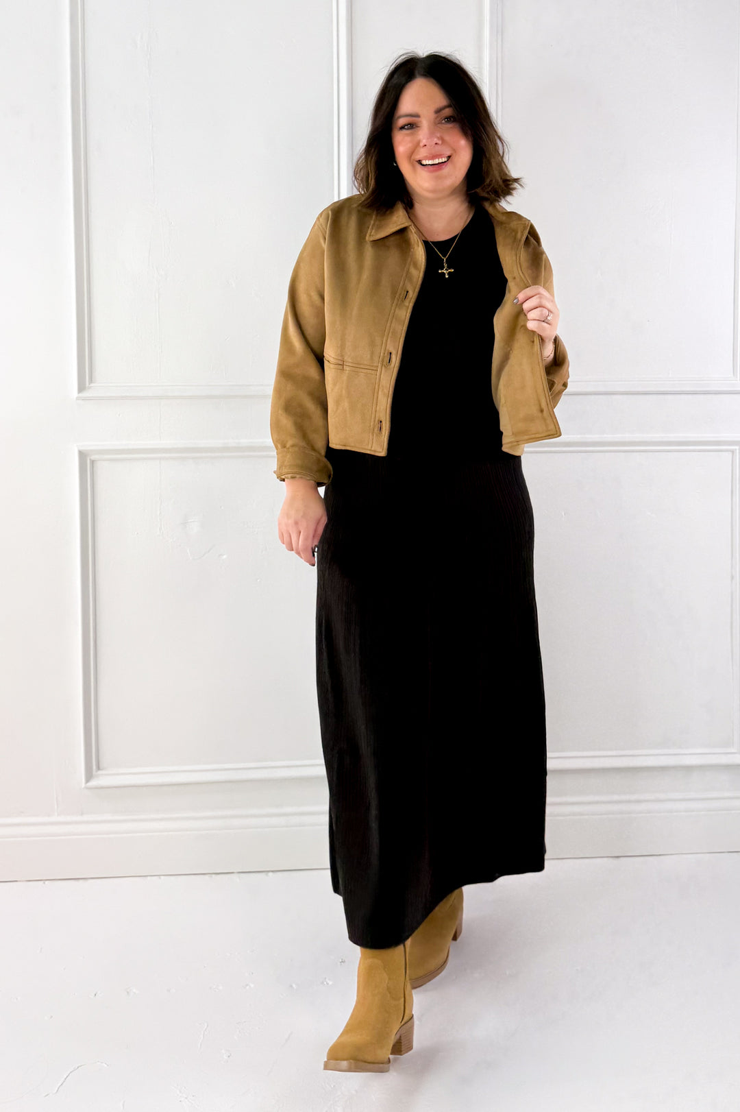 Suede Collared Button Down Crop Jacket