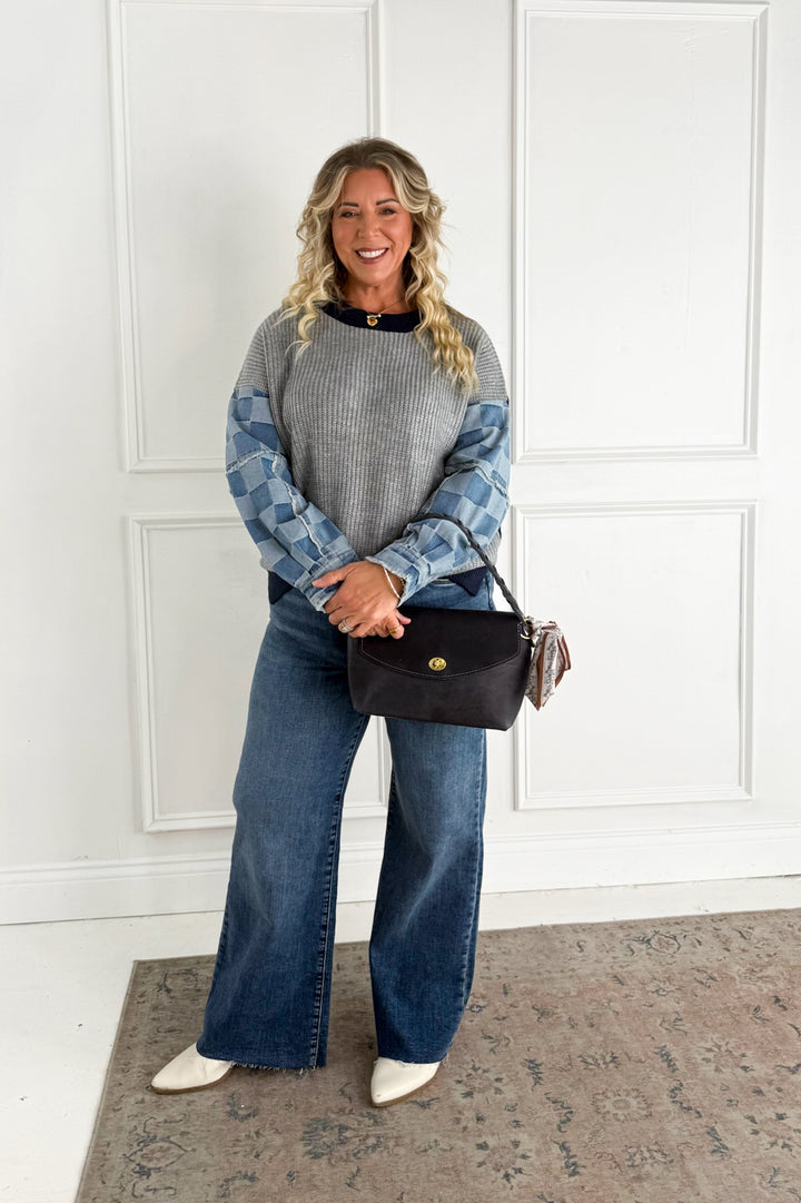Checkered Denim Mix Knit Sweater