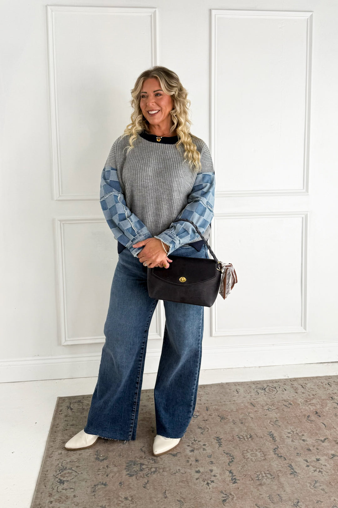 Checkered Denim Mix Knit Sweater