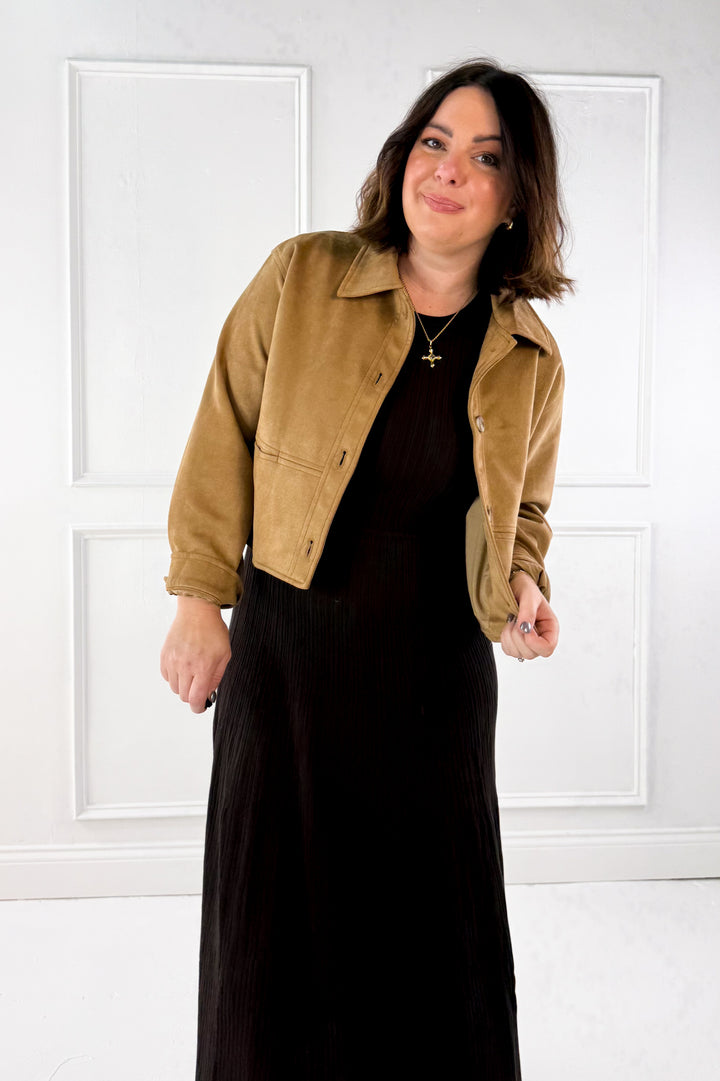 Suede Collared Button Down Crop Jacket