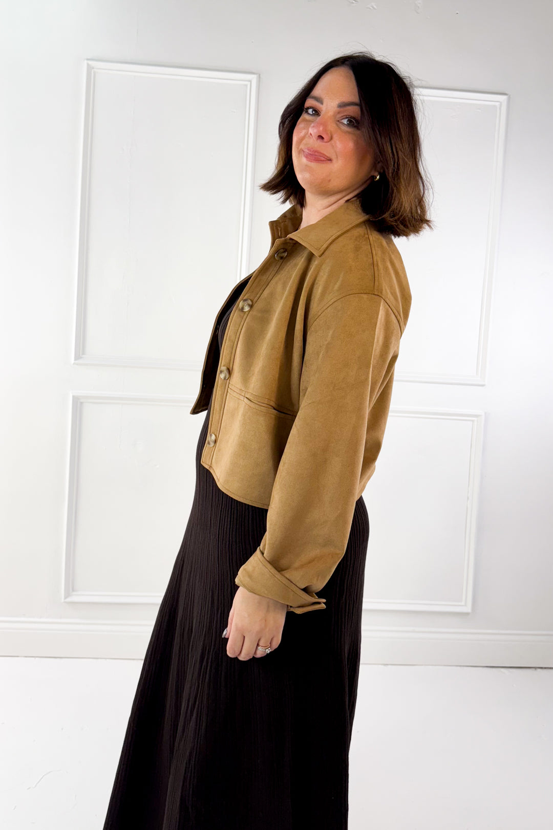 Suede Collared Button Down Crop Jacket